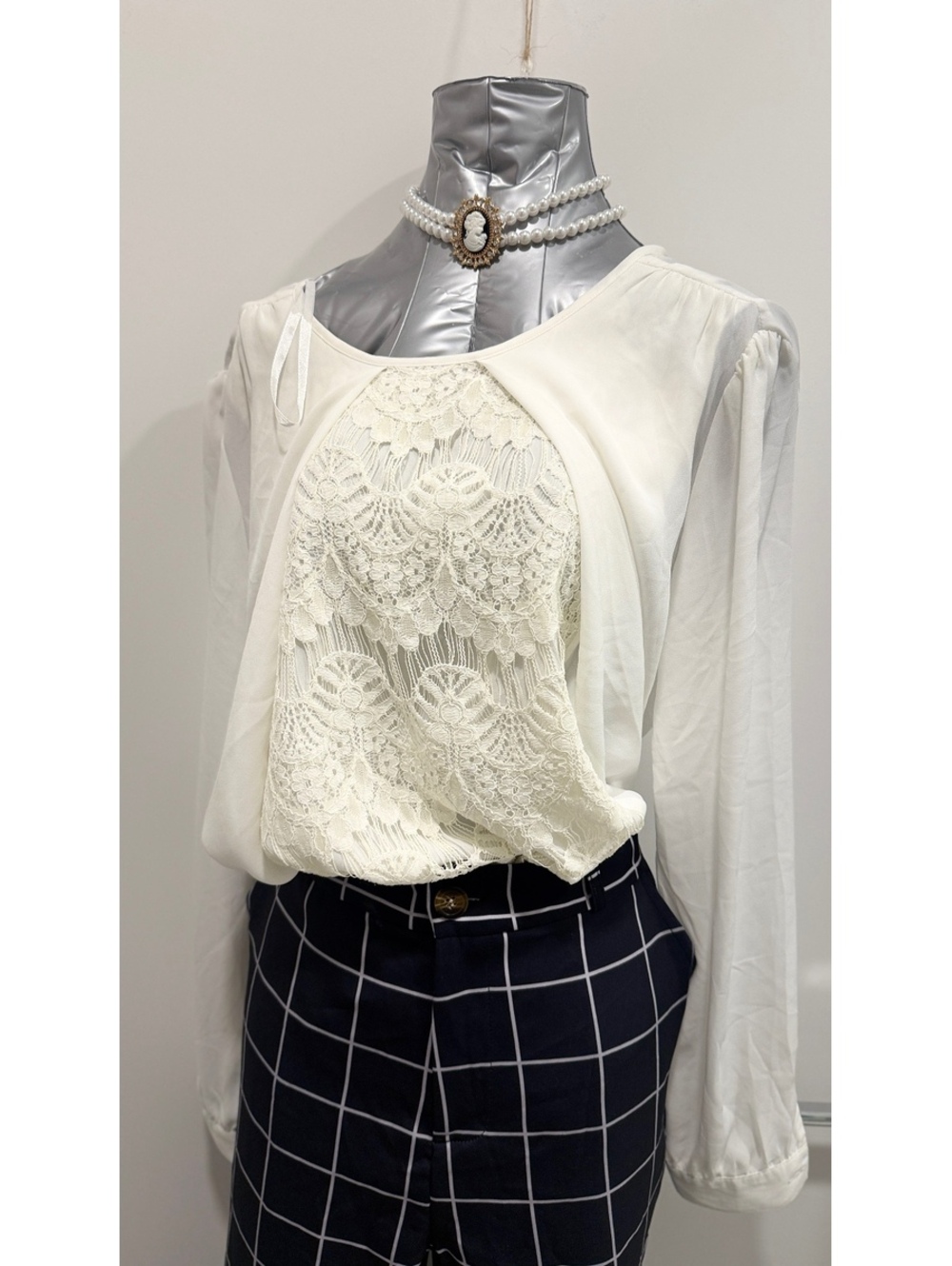 Davina Ivory & white Lace Blouse Long Sleeve Romantic Boho Coquette Sheer Top
